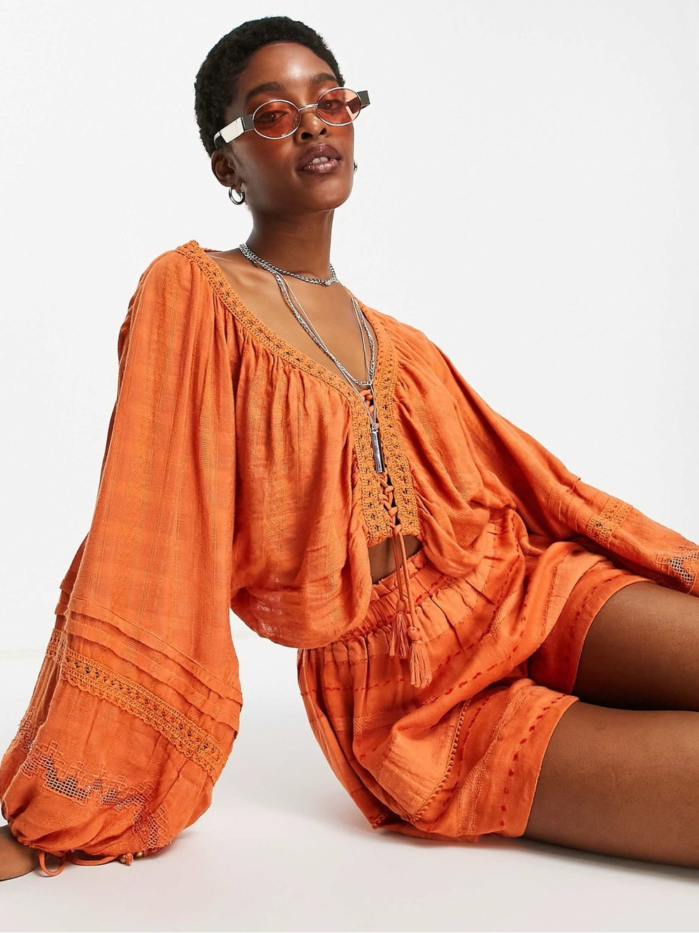 Free People Orange Paloma Boho Peasant Puff Sleeve Cotton Top Short Set S